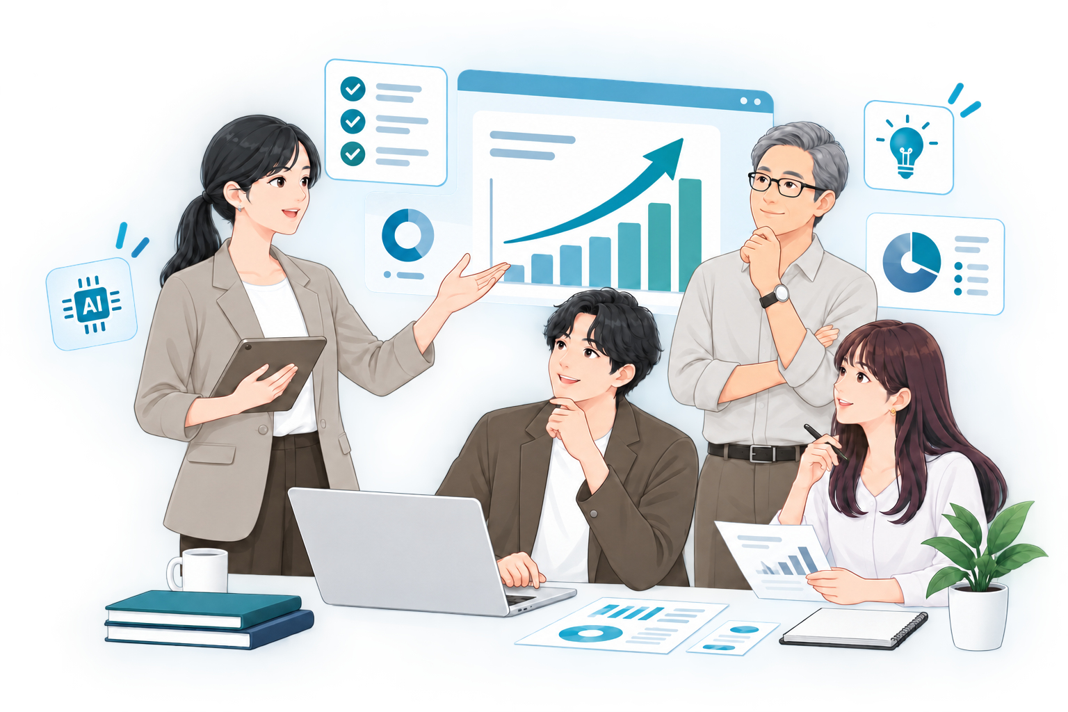 AI研修導入後の業務改善を話し合うチームのイメージ