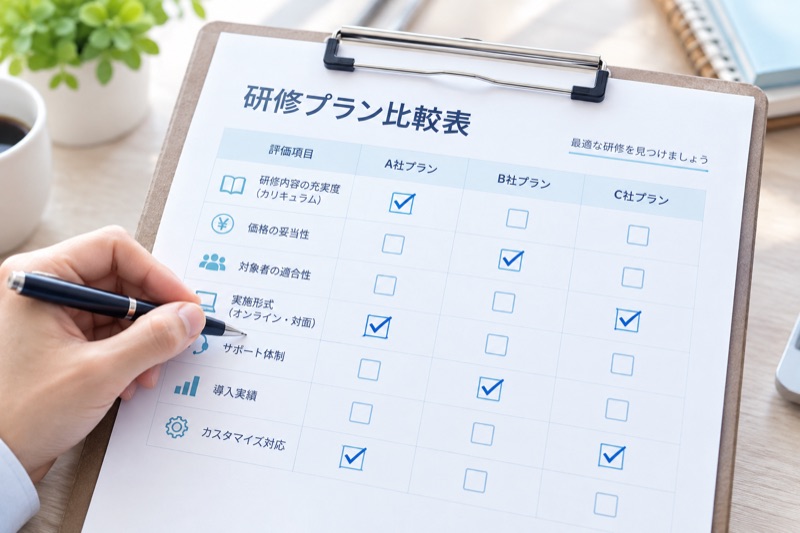 研修プランの比較表をペンで確認する様子