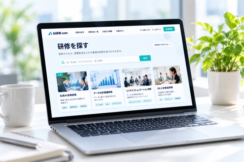 明るいオフィスでAI研修を検索するノートパソコン