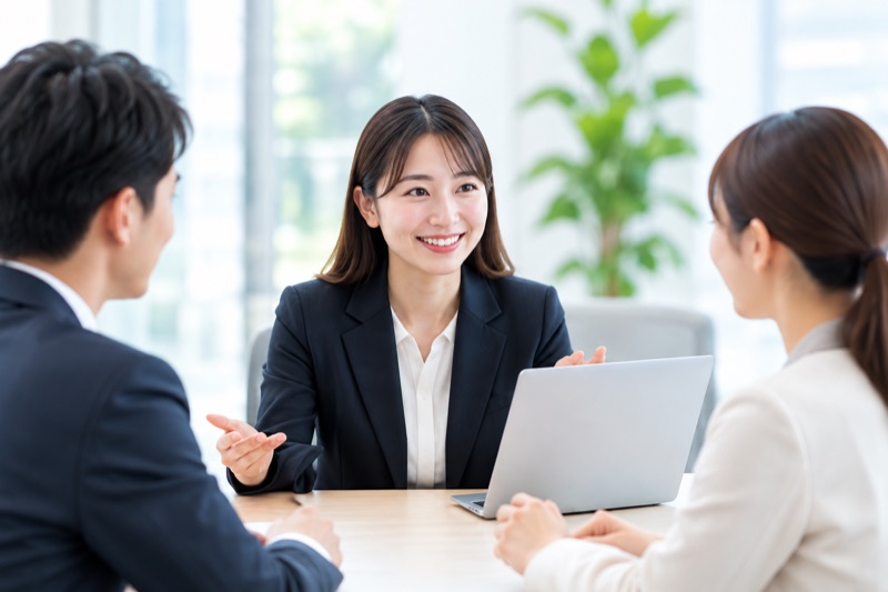 企業担当者が専門スタッフに研修運用を相談する様子